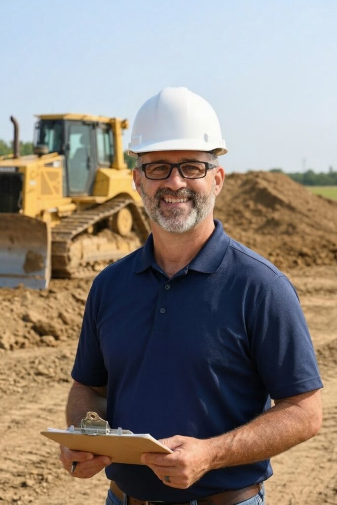 Bret McMillan, P.E., a Licensed Professional Engineer, wearing a hard hat at a Texas construction site for Dirtwork Calcs earthwork analysis.