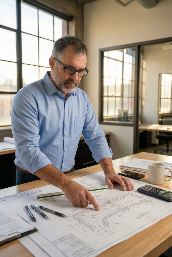 Bret McMillan, Civil Engineer at Dirtwork Calcs working on site plans.