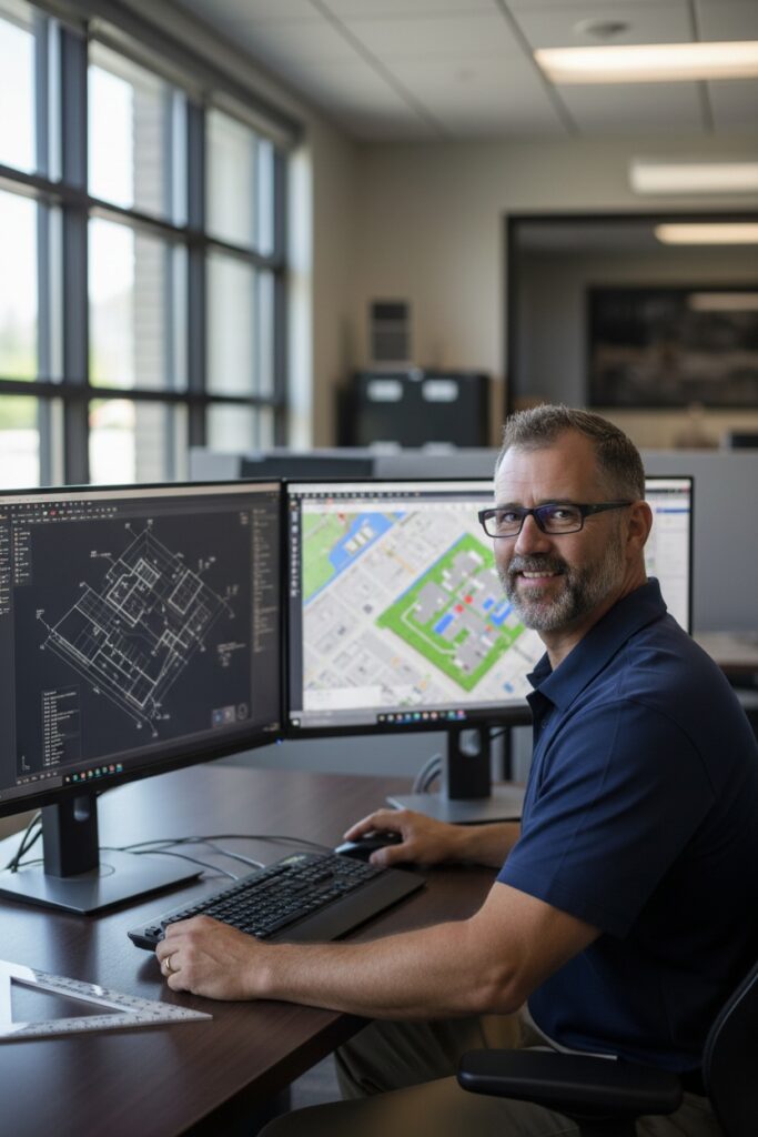 Bret McMillan, Civil Engineer at Dirtwork Calcs working on digitizing plans.